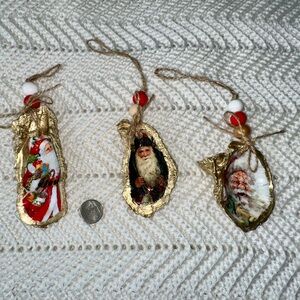 3 Santa Decoupage Handmade Christmas Oyster Shell Ornaments